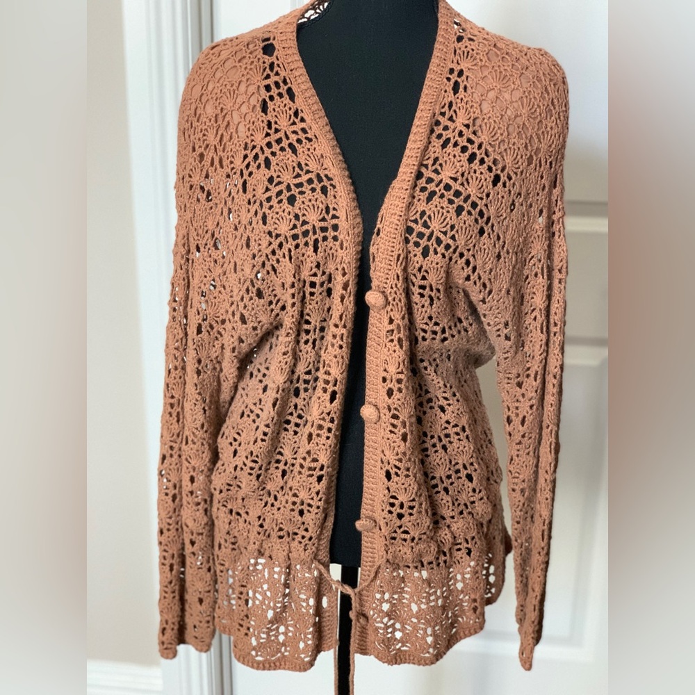 Brown Cardigan Sweater with Intricate Knit Design